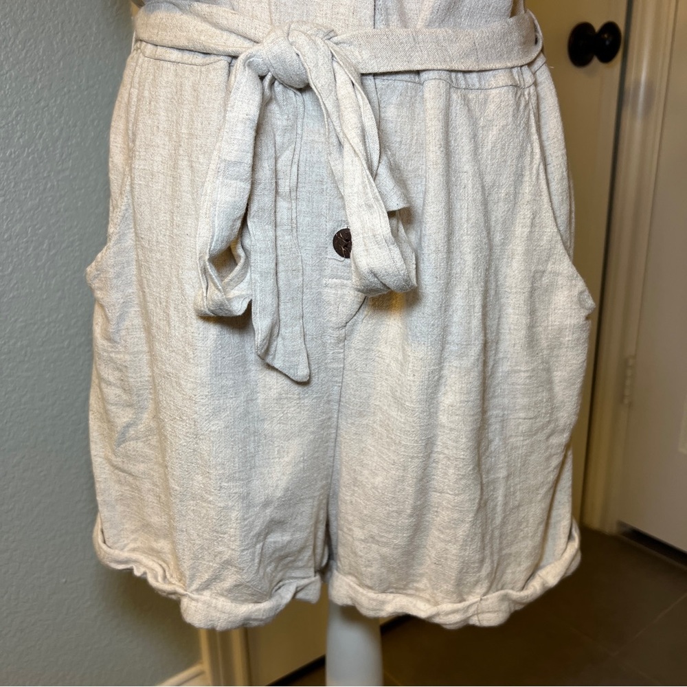 Women’s‎ Beige Linen Sleeveless Romper with Button Accents Tie Waist Size Large - Picture 8 of 14